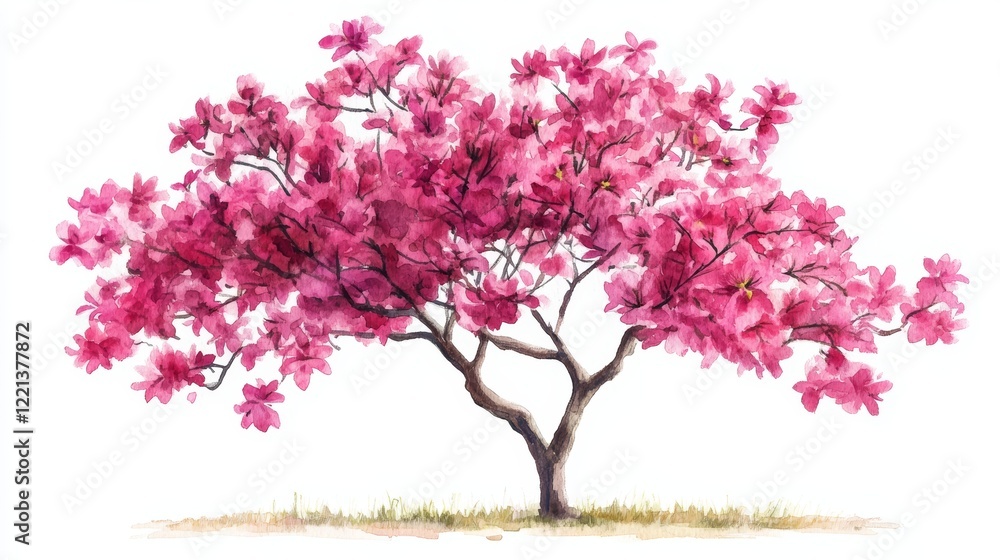 Fototapeta premium Watercolor Blooming Flower Tree Side View for Landscape and Architecture Drawing