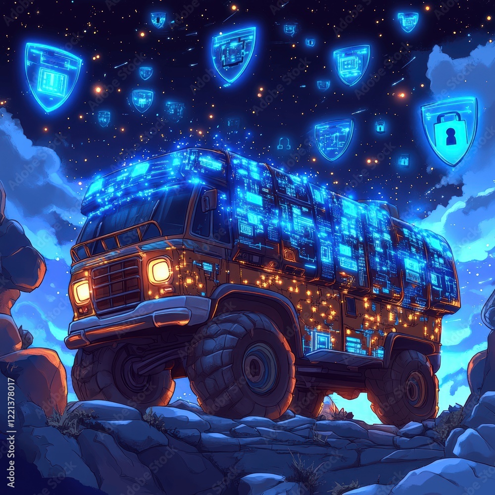 Obraz premium Futuristic Cybersecurity Truck Navigating Under Starry Sky with Floating Blue Digital Shields and Cloudscape - Digitally Enhanced Conceptual Artwork