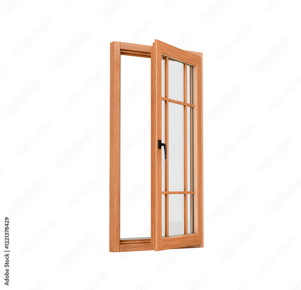A Tall Wooden Window With Multiple Glass Panes And Black Handle For Interior Designs 3D Illustration A Tall Wooden Window With Multiple Glass Panes And Black Handle For Interior Designs 3D Illustration