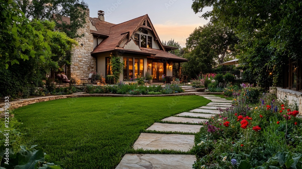 A cozy house with a lush green lawn and stone pathway leading to a colorful garden at dusk A cozy house with a lush green lawn and stone pathway leading to a colorful garden at dusk