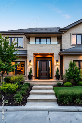 Wallpaper Mural Luxury Modern Home Exterior: Stunning Brick Facade, Landscaping, and Evening Lighting Torontodigital.ca