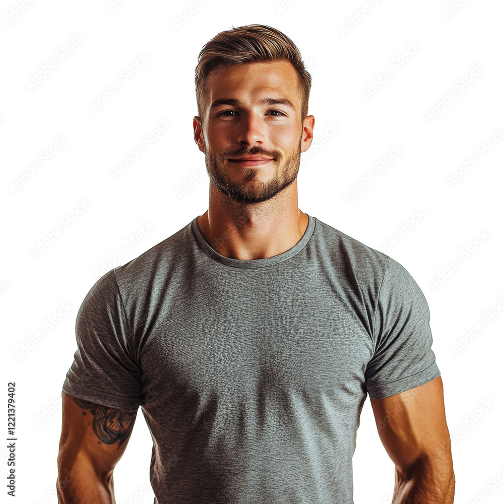 Portrait of smiling caucasian muscular man in t-shirt 25-30 years old isolate on white background