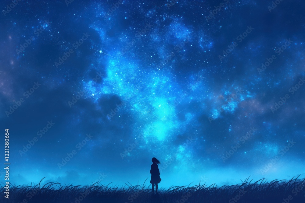 Fototapeta premium silhouette of girl gazing at blue galaxy with glittering celestial lights in quiet nocturnal scene copyspace concept for fantasy travel cosmic imagination