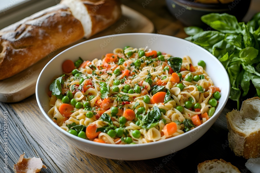 Close-up of pasta primavera with basil, Parmesan, and vegetables Close-up of pasta primavera with basil, Parmesan, and vegetables