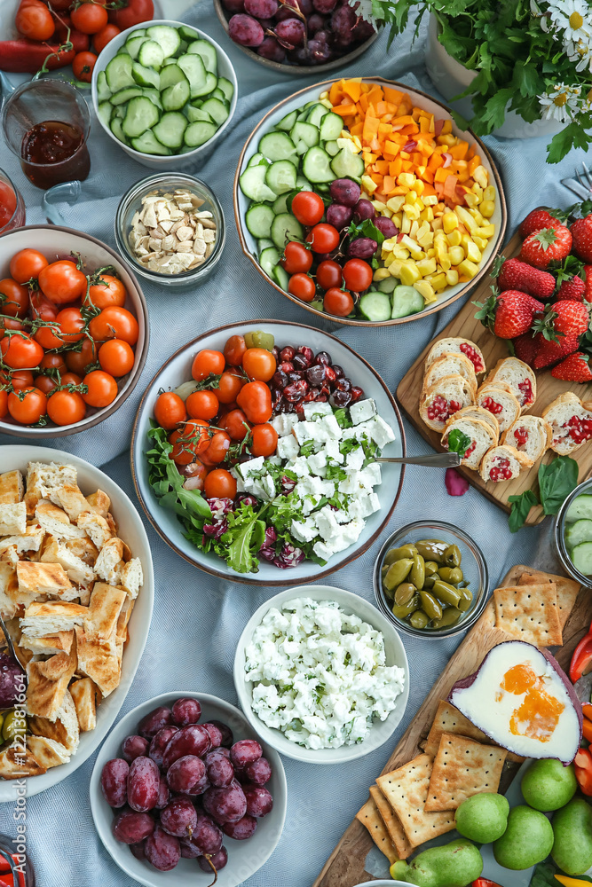 A table with a variety of foods, ideal for cookbooks, recipe websites, and culinary blogs. A table with a variety of foods, ideal for cookbooks, recipe websites, and culinary blogs.