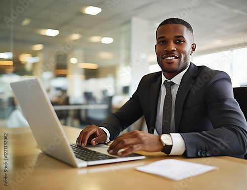 Black professional businessman in formal attire confidently working at office desk during daytime hours photo