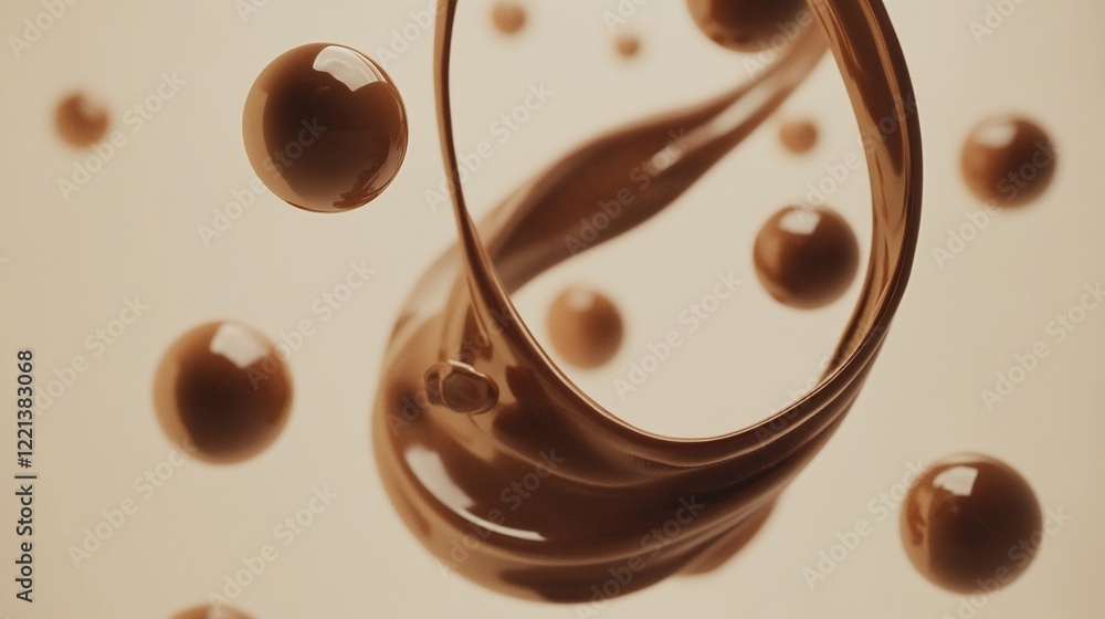 Fototapeta premium Chocolate liquid swirl with spherical drops on a light beige background in 3D rendering