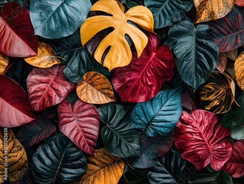 Colorful tropical leaves flatlay background