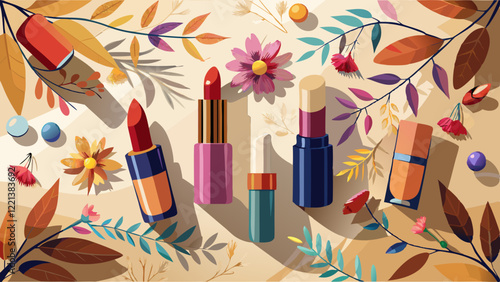 Fashion colorful lipsticks sun shadows from flowers on beige background flat lay top view. Beauty and cosmetics background. Decorative cosmetics makeup women's lipstick beauty brand product .