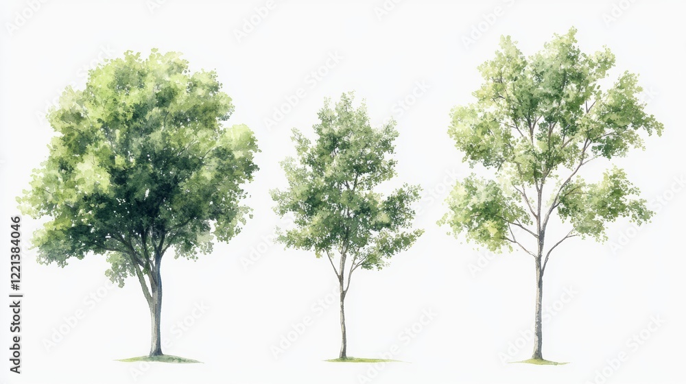 Watercolor Tree Side View Isolated on White Background for Landscape and Architecture Drawing Watercolor Tree Side View Isolated on White Background for Landscape and Architecture Drawing