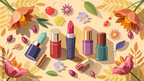 Fashion colorful lipsticks sun shadows from flowers on beige background flat lay top view. Beauty and cosmetics background. Decorative cosmetics makeup women's lipstick beauty brand product .
