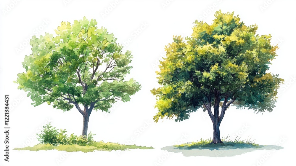 Fototapeta premium Watercolor Tree Side View Isolated on White Background for Landscape and Architecture Drawing