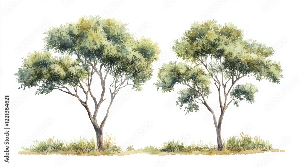 Fototapeta premium Watercolor Tree Side View Isolated on White Background for Landscape and Architecture Drawing