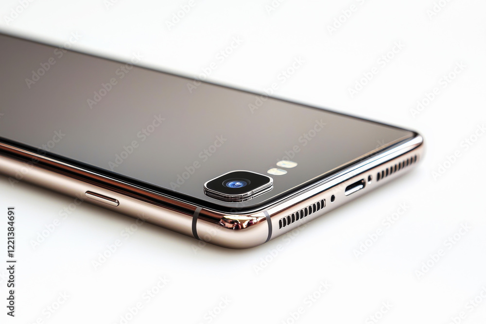 Modern smartphone side view highlighting slim profile, power button, and volume controls on a white background in high resolution Modern smartphone side view highlighting slim profile, power button, and volume controls on a white background in high resolution