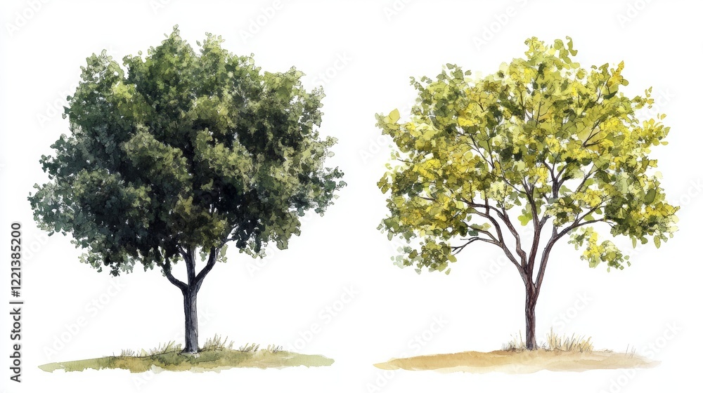 Fototapeta premium Watercolor Tree Side View Isolated on White Background for Landscape and Architecture Drawing