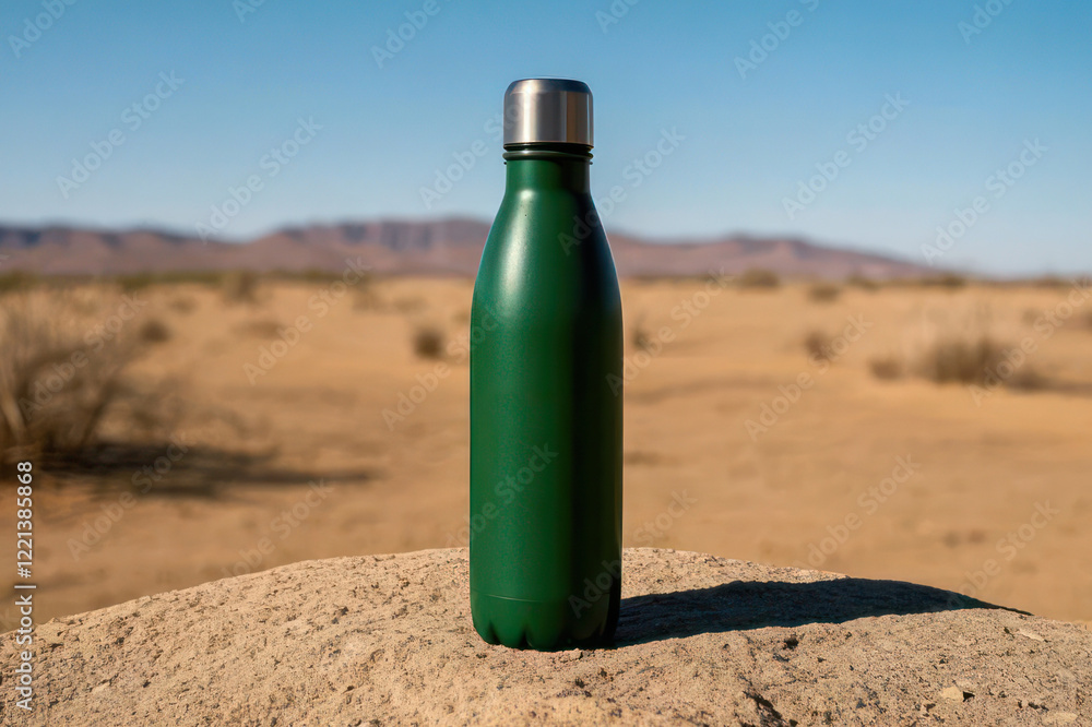 Green Water Bottle Tumbler in the Desert. Bottle Tumbler Mockup Green Water Bottle Tumbler in the Desert. Bottle Tumbler Mockup