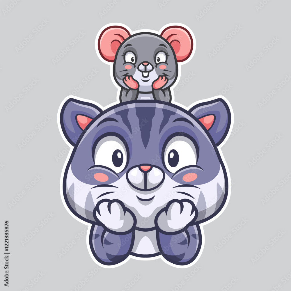 Cartoon mouse and cat are sitting on their hands Cartoon mouse and cat are sitting on their hands