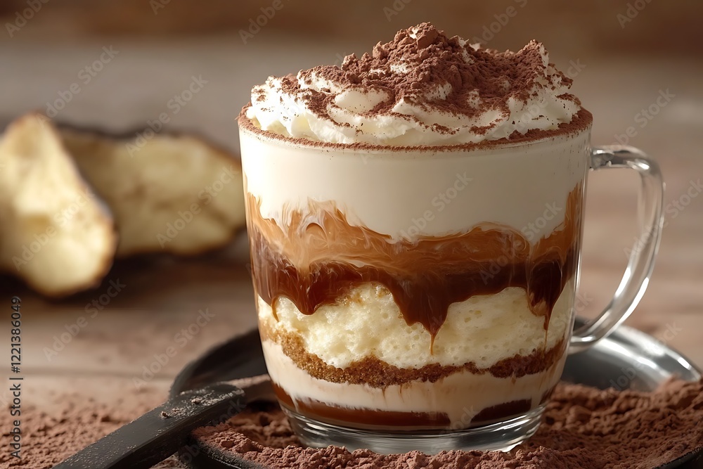 A creamy tiramisu latte with a thick foam layer and a dusting of cocoa powder on top. A creamy tiramisu latte with a thick foam layer and a dusting of cocoa powder on top.