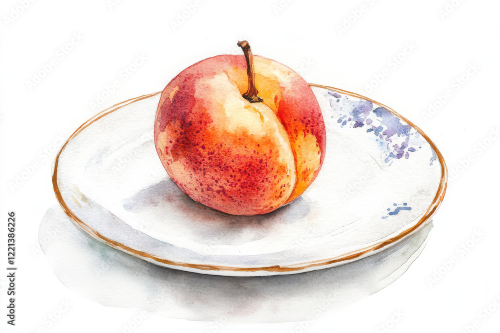 Deliciously vibrant watercolor painting of peach on plate, showcasing its rich colors and textures Deliciously vibrant watercolor painting of peach on plate, showcasing its rich colors and textures