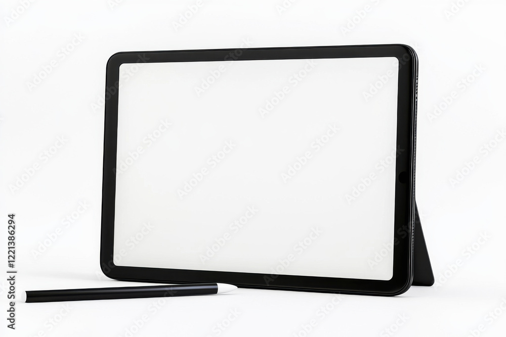 Modern tablet with stylus showcasing minimalist design on pure white background emphasizing smooth finish and quality detail Modern tablet with stylus showcasing minimalist design on pure white background emphasizing smooth finish and quality detail