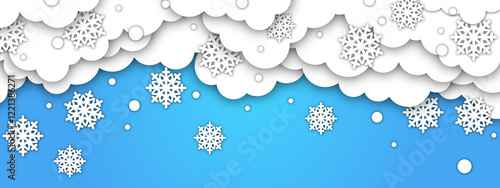 Paper cut clouds with snow fall on blue sky background. Snowflakes holiday banner
