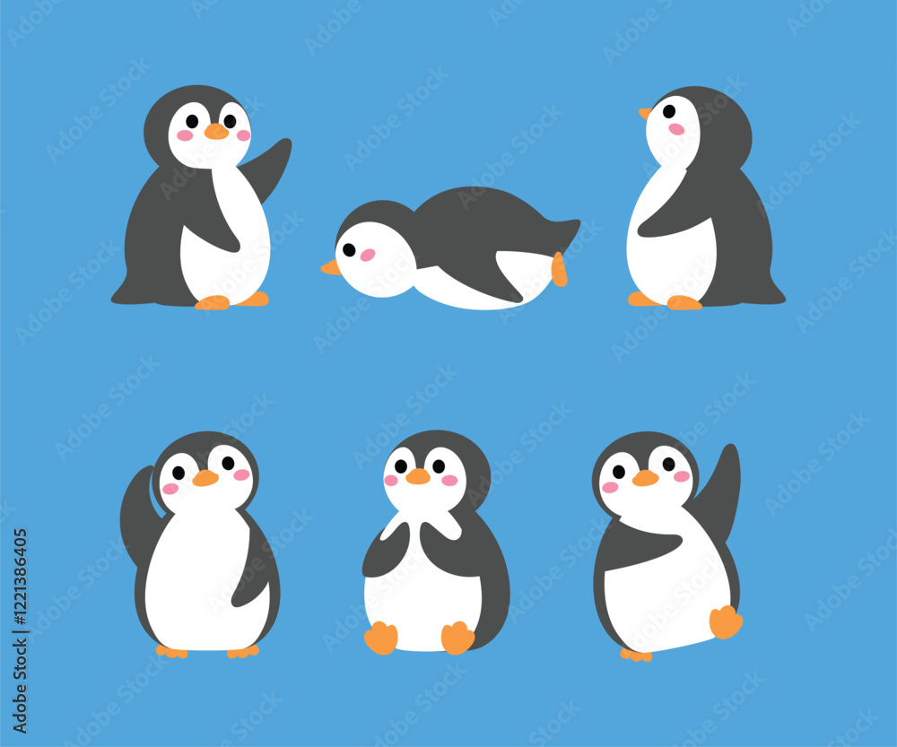 Fototapeta premium collection of cute penguin, sitting, raising wing, looking up, sliding, confuse, embracing, funny adorable penguin cartoon illustration