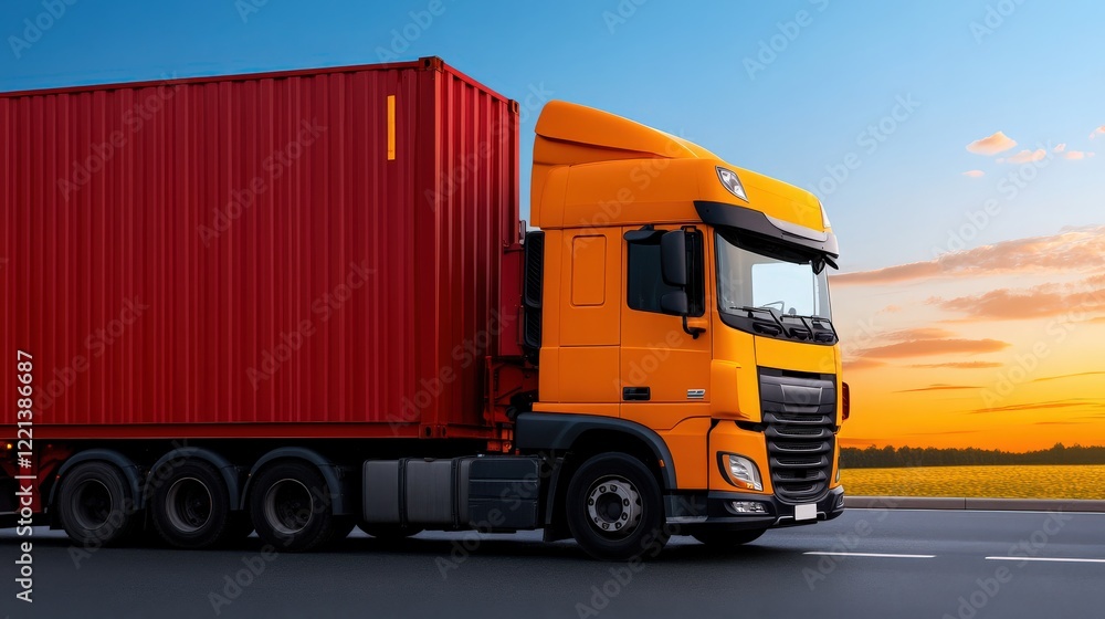 Sunset Delivery: A vibrant orange semi-truck carrying a large red shipping container speeds down a highway at sunset, symbolizing efficient logistics and global trade. Sunset Delivery: A vibrant orange semi-truck carrying a large red shipping container speeds down a highway at sunset, symbolizing efficient logistics and global trade.