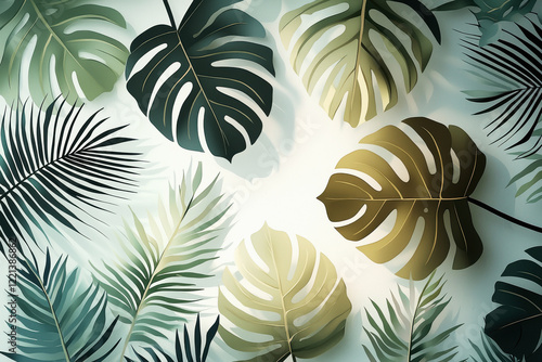 Modern tropical pattern featuring monstera and banana leaves in muted sage green and taupe on light gray background