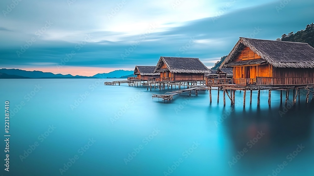 Fototapeta premium Tranquil wooden stilt houses over calm turquoise water with a mountain backdrop