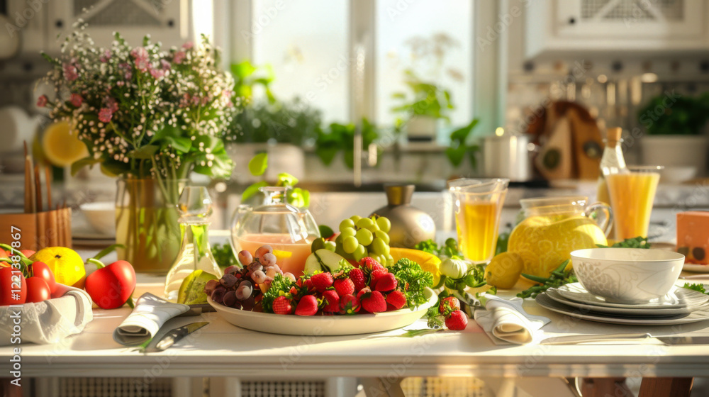 Beautifully arranged fresh fruits and vegetables on a kitchen table with drinks and tableware during daylight Beautifully arranged fresh fruits and vegetables on a kitchen table with drinks and tableware during daylight