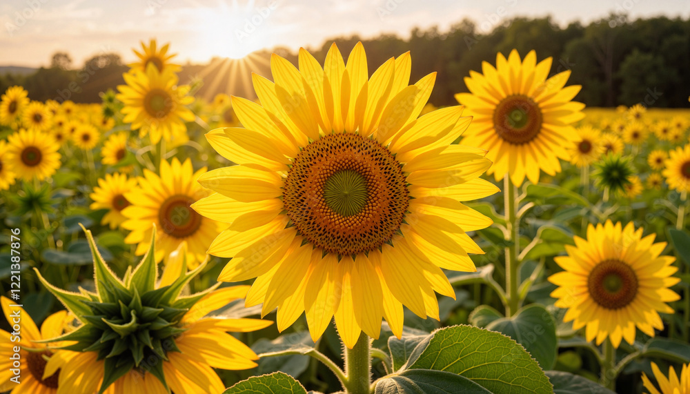 Obraz premium Vibrant sunflowers blooming in golden light, summer beauty
