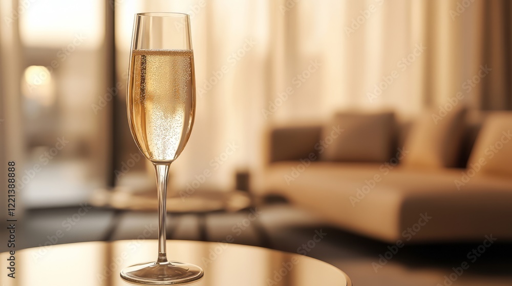 A glass of champagne stands on a mocha mousse background with a table and a living room. A glass of champagne stands on a mocha mousse background with a table and a living room.
