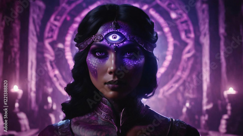 A mysterious black-haired woman with purple scales on her skin and a third eye in the middle of her forehead. The background is a purple cave. photo