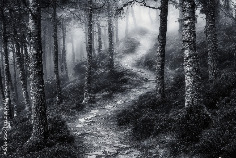 Naklejka premium Winding trail through a foggy forest captures the essence of tranquility and mystery in black and white