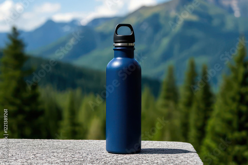 Navy blue water bottle tumbler on a rock surface against a scenic mountain backdrop