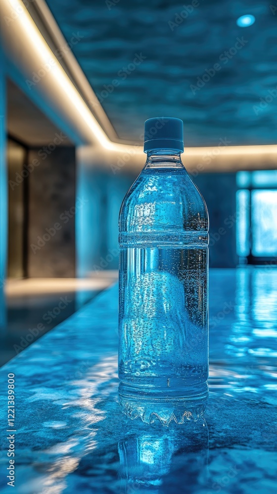 Naklejka premium Minimalist Water Bottle in Modern Interior with Blue Lighting Reflection