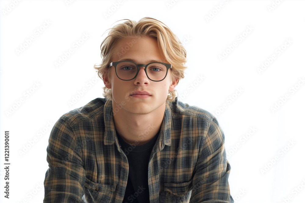 young man with glasses and a plaid shirt is sitting on a table. He has a serious expression on his face young man with glasses and a plaid shirt is sitting on a table. He has a serious expression on his face