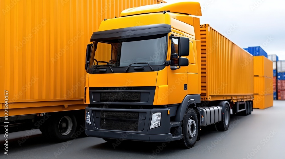 Yellow Semi-Truck in Shipping Yard:  A bright yellow semi-truck, with a sleek modern design, stands ready for transport amidst a cluster of shipping containers.