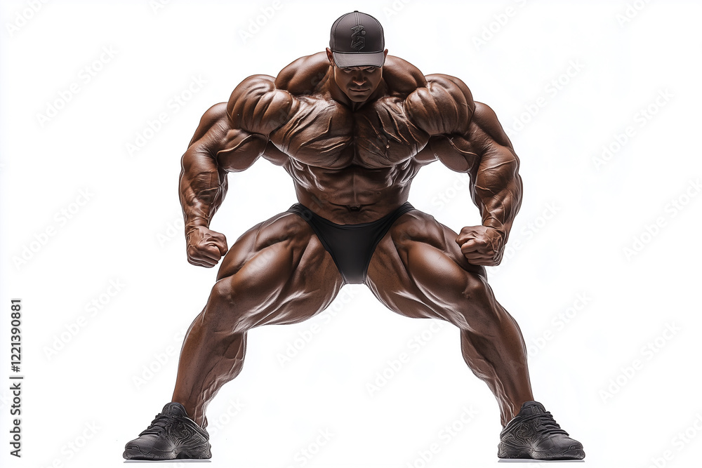 muscular man is posing for a picture. He is flexing his muscles and wearing a black shirt and shorts. Concept of strength and confidence muscular man is posing for a picture. He is flexing his muscles and wearing a black shirt and shorts. Concept of strength and confidence