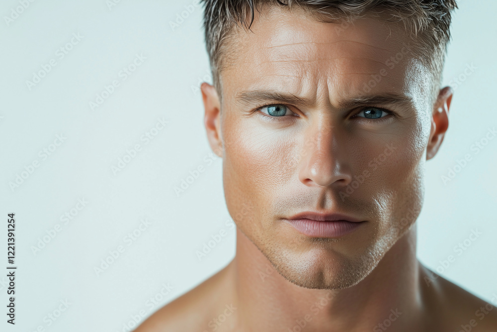 Naklejka premium man with a shaved head and a blue eye. He is looking at the camera