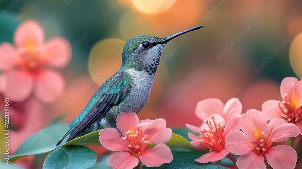 Fototapeta premium Realistic depiction of a vibrant hummingbird thriving in its lush natural environment