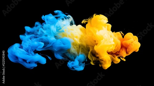 Swirling Blue and Yellow Smoke or Ink on a Black Background abstract and fluid