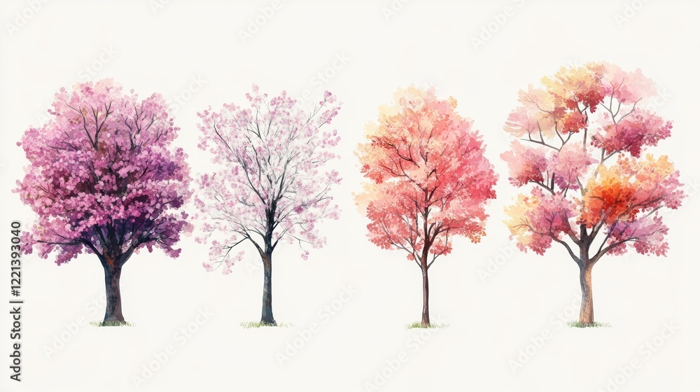 Vector set of spring blossom tree blooming plants for landscape elevation and section eco environment concept Vector set of spring blossom tree blooming plants for landscape elevation and section eco environment concept