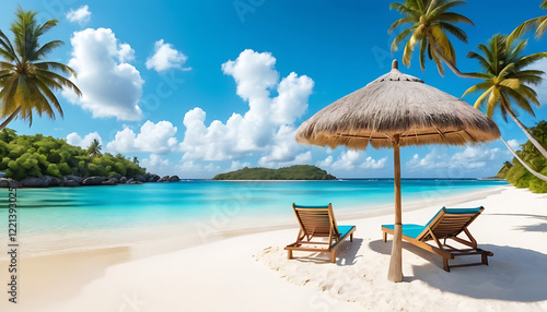 Fototapeta Naklejka Na Ścianę i Meble -  Tropical paradise beach scene with lounge chairs and thatched umbrella.