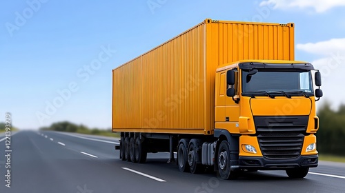 Yellow Semi-Truck on Highway: A vibrant yellow semi-truck cruises down a highway under a bright blue sky, signifying transportation, logistics, and delivery. photo