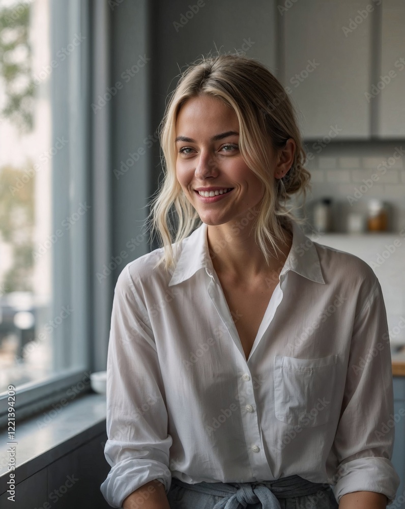 Cheerful young woman in bright kitchen near window with natural light Cheerful young woman in bright kitchen near window with natural light