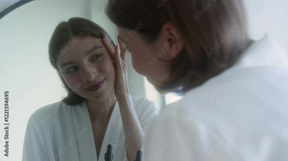 Positive gen Z girl applying essential oil on eye area with dropper while holding glass bottle and looking in mirror Positive gen Z girl applying essential oil on eye area with dropper while holding glass bottle and looking in mirror