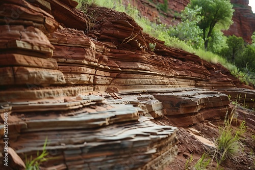 Striated red sandstone layers form a steep cliff face. Vegetation clings to the rocky surface, showcasing erosion and geological time. A natural, arid landscape. photo