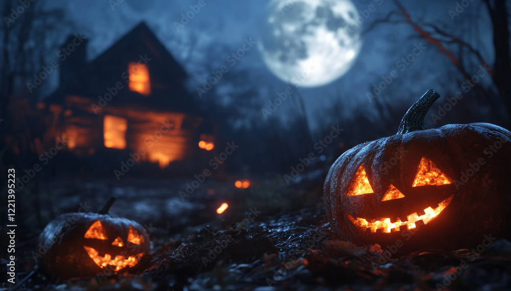 Spooky Halloween night with glowing pumpkins and full moon illuminating haunted house Spooky Halloween night with glowing pumpkins and full moon illuminating haunted house