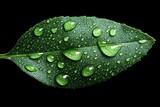 Dewdrops on green leaf, black background, nature macro, tea product
